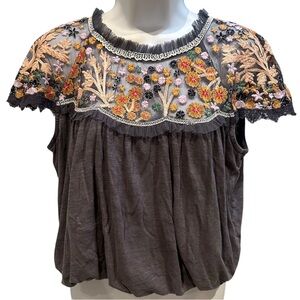 Free People Floral Mesh Embroidered Yoke Top Gray Multicolor Size Small